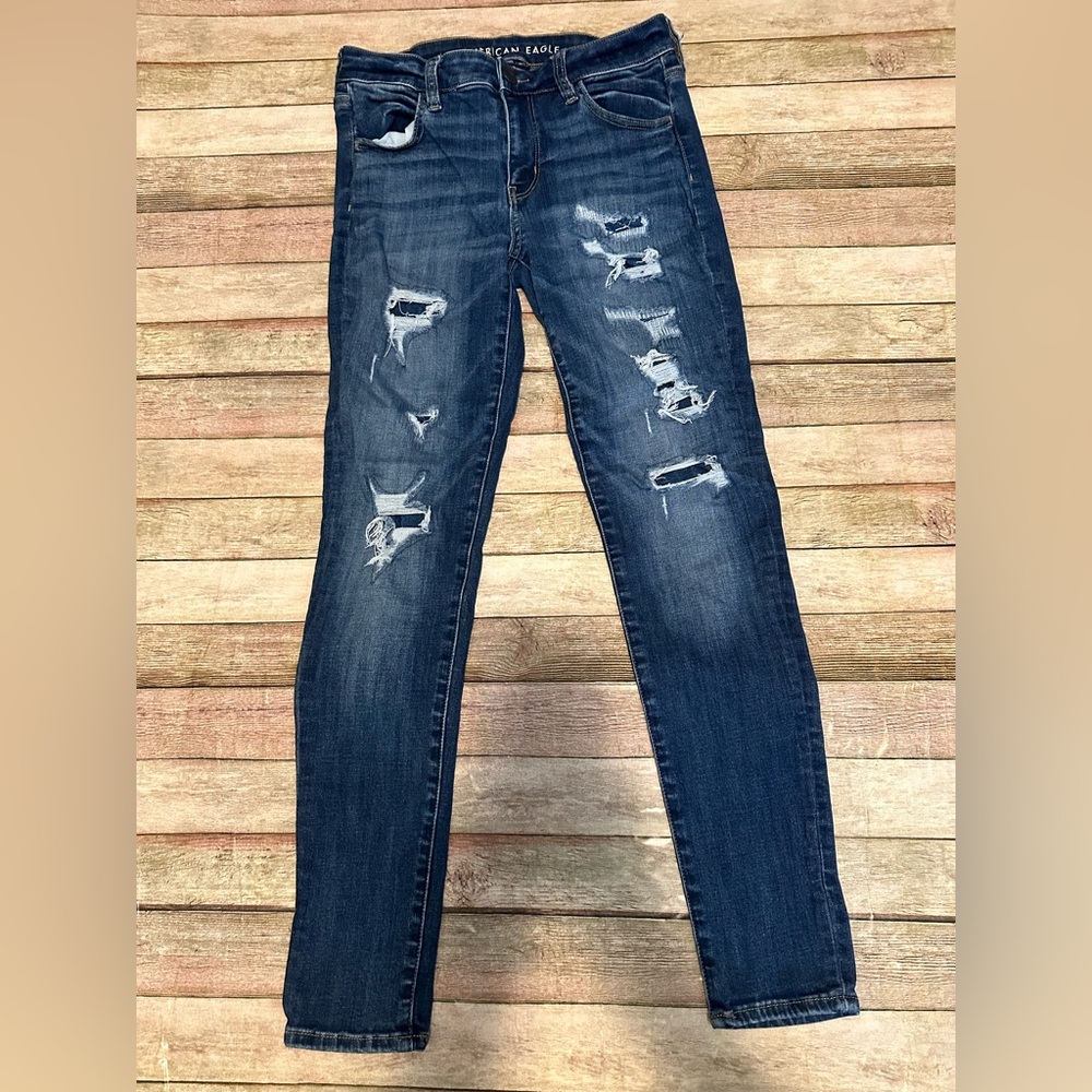 American Eagle Outfitters Dark Blue Distressed Skinny Jeans